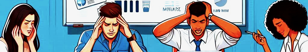 cartoon drawing of stressed out team needing help